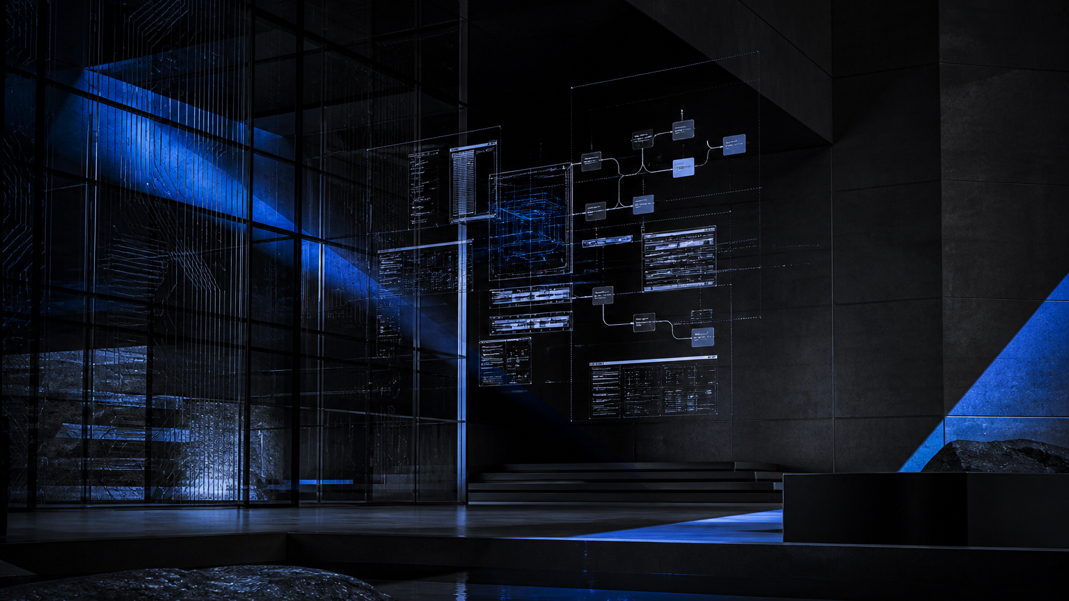 Obsidian architectural interior with circuit-etched glass, cobalt light, and a holographic software schematic